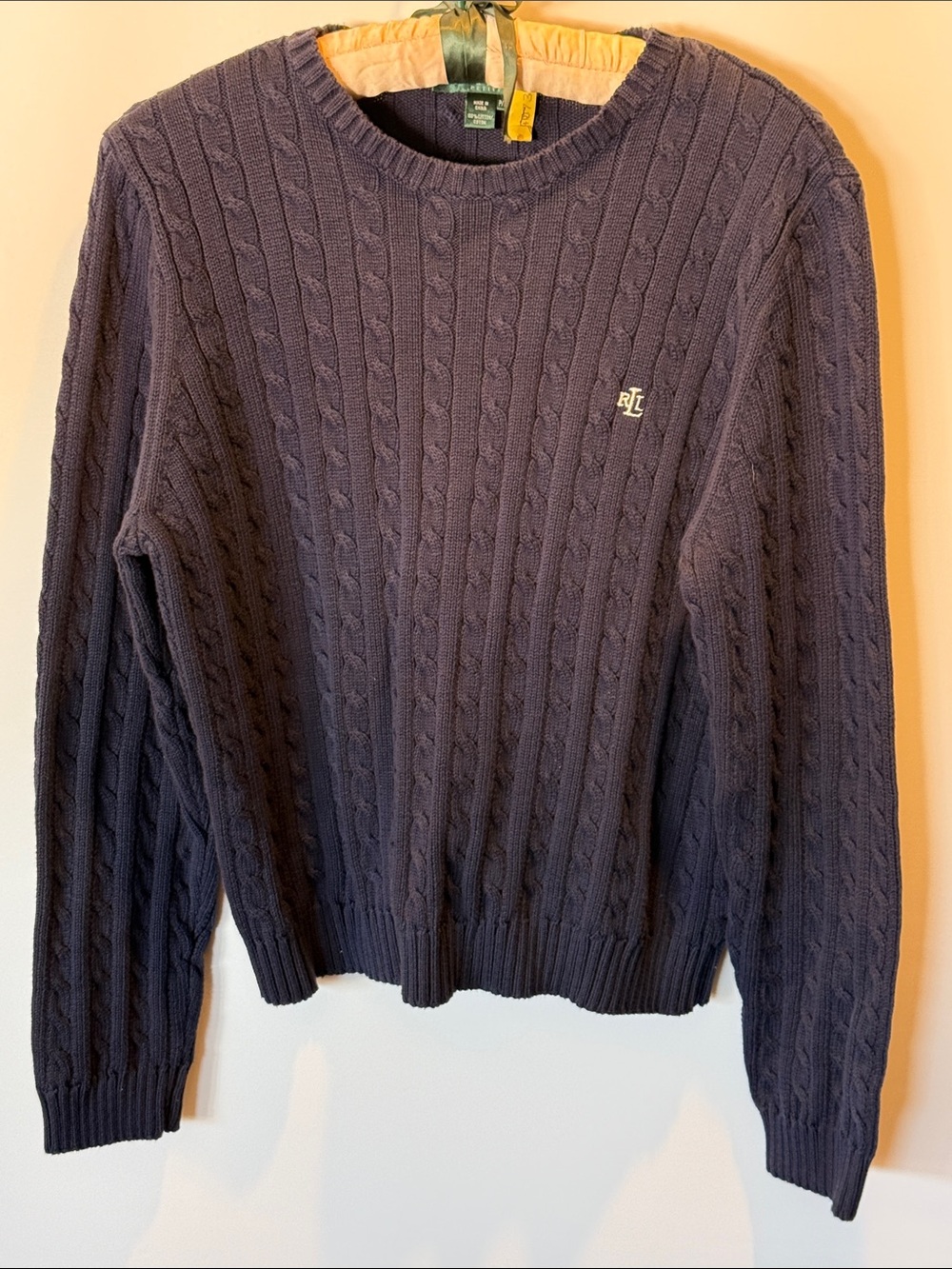 Vintage Ralph Lauren Woman's Navy Cable-Knit Crewneck Sweater Size: P/L